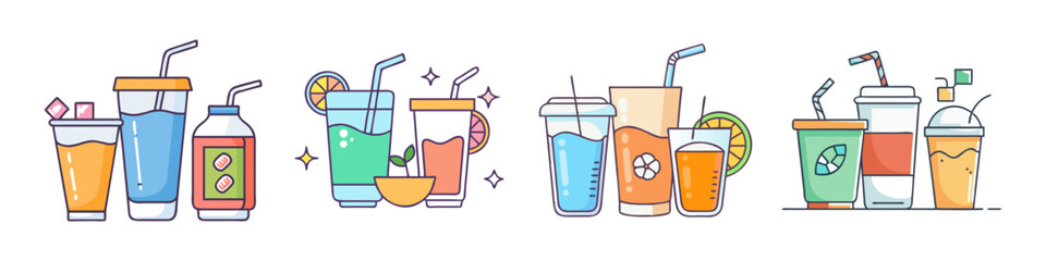 Colorful Cartoon Drinks and Beverages in Cups and Glasses Vector Illustration Set