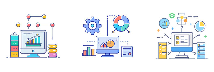 Fototapeta premium Modern business analytics icons, data visualization set with computer monitors and charts, digital marketing and financial statistics SVG collection