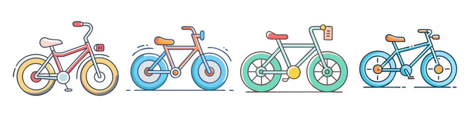 Obraz premium Modern flat line bicycle icons set, colorful city bike and mountain bike vector illustrations, 4 bicycle elements for urban transport design