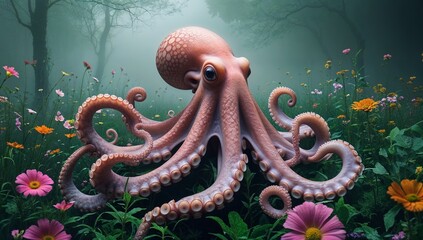 Surreal Octopus in Flower Field with Mist and Vibrant Fantasy Foliage – Digital Art in 8K