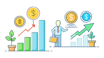 Business Investment Growth and Financial Success Concept with Plants, Charts, and Businessman