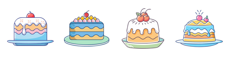A set of four cute cartoon cake illustrations with different toppings