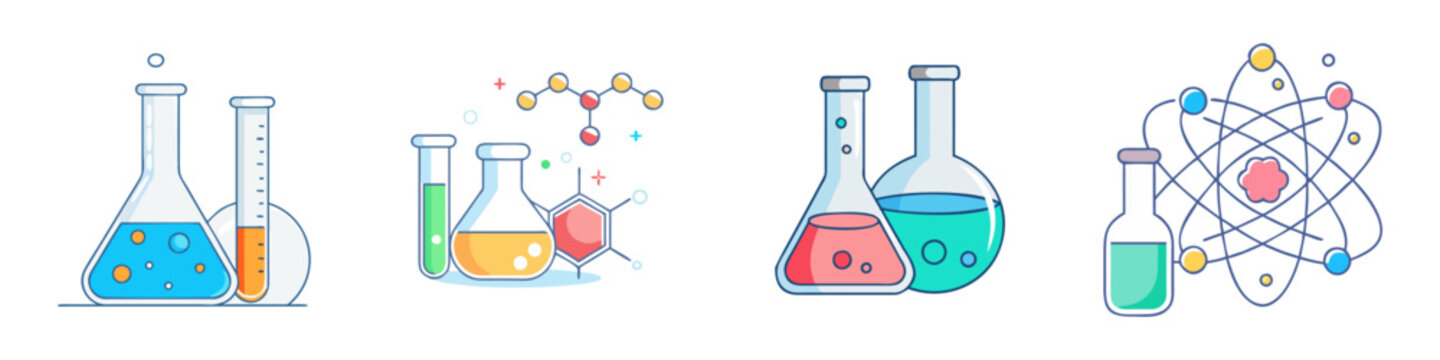 Chemistry and Science Icons Collection Featuring Beakers and Atoms in Vivid Colors