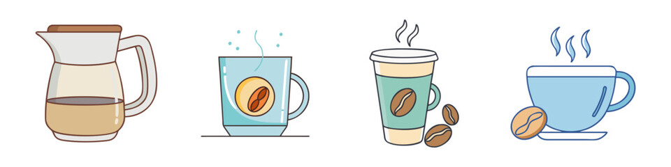 Various coffee containers presenting beverages with stylistic design and simplistic elements