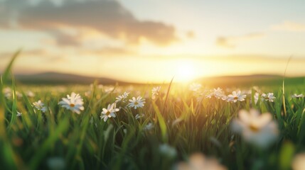 Serene sunset over lush green field, warm golden light illuminating wildflowers, peaceful ambiance for nature lovers.