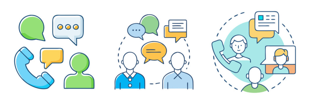 Illustrations depicting communication methods like phone call, meeting and video call