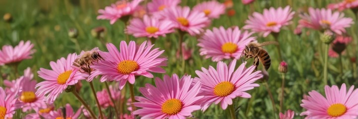 Obraz premium A honeybee gathers nectar from vibrant pink daisies in sunlit field , floral, summer