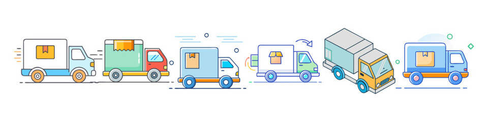 Various stylized delivery trucks illustrating different aspects of shipping and logistics