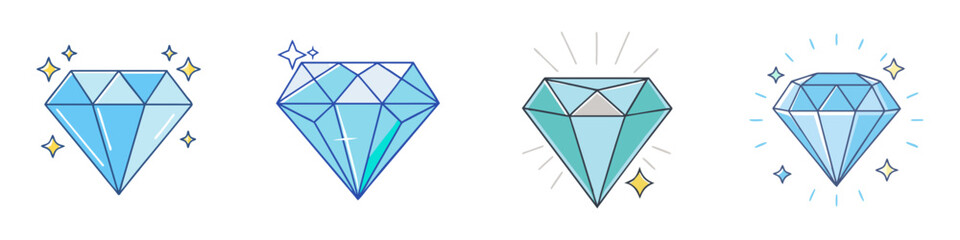 Four vector image renderings of shining diamonds in different styles on white