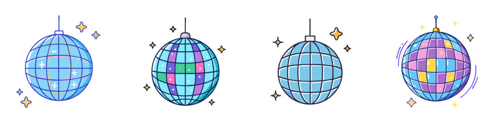 Collection of Four Cartoon Disco Balls with Hanging Mechanisms and Stars