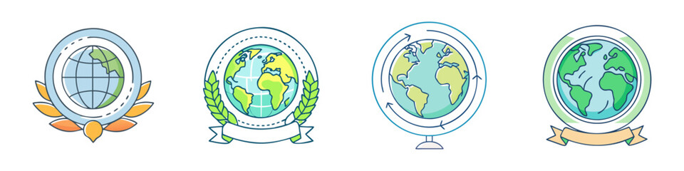 Four different vector illustrations of globes with diverse design elements