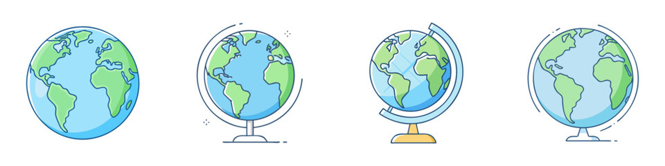 Four different cartoon Earth globe illustrations on white isolated background
