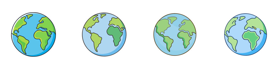 Four cartoon depictions of planet Earth showcasing different angles and views