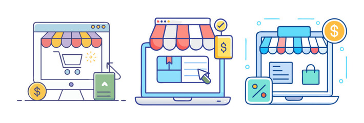 Online Shopping Illustration Depicting Ecommerce Platforms and Financial Transactions with Whimsical Graphics