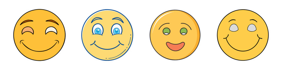 A colorful array of simple smiling emoji faces expressing positive emotions
