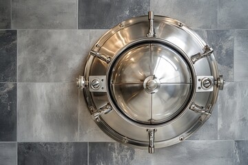 Circular metallic wall plate, polished chrome, with rounded dome,  mounted on gray tile