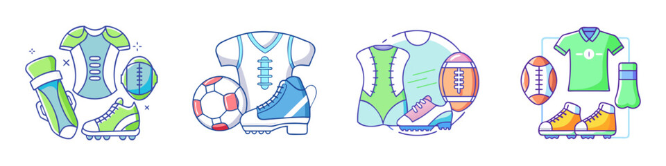 Colorful vector illustration collection of different sports and sportswear equipment types