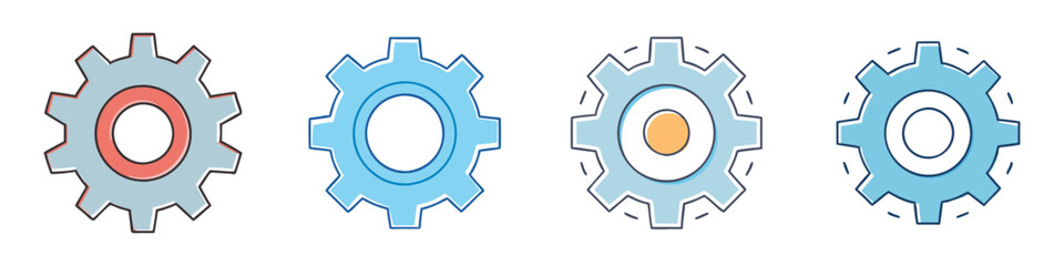 Illustration of Four Gears with Varied Colors and Outlines on White Background