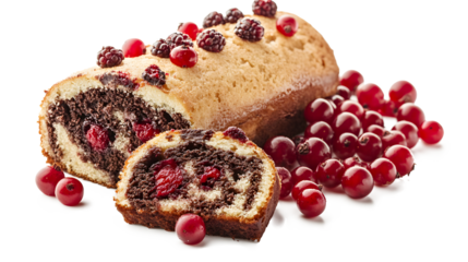 Sweet Delight: A close-up shot reveals a delightful pastry with a symphony of flavors, adorned with vibrant red berries, tempting the eye with its rustic charm isolated on a white background