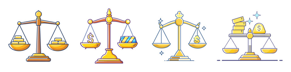 Financial balance concept shown through various scales and weighing different values