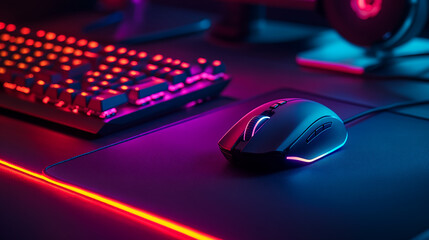 A gaming mouse with customizable RGB lighting for enhanced performance with a modern gaming setup in the background
