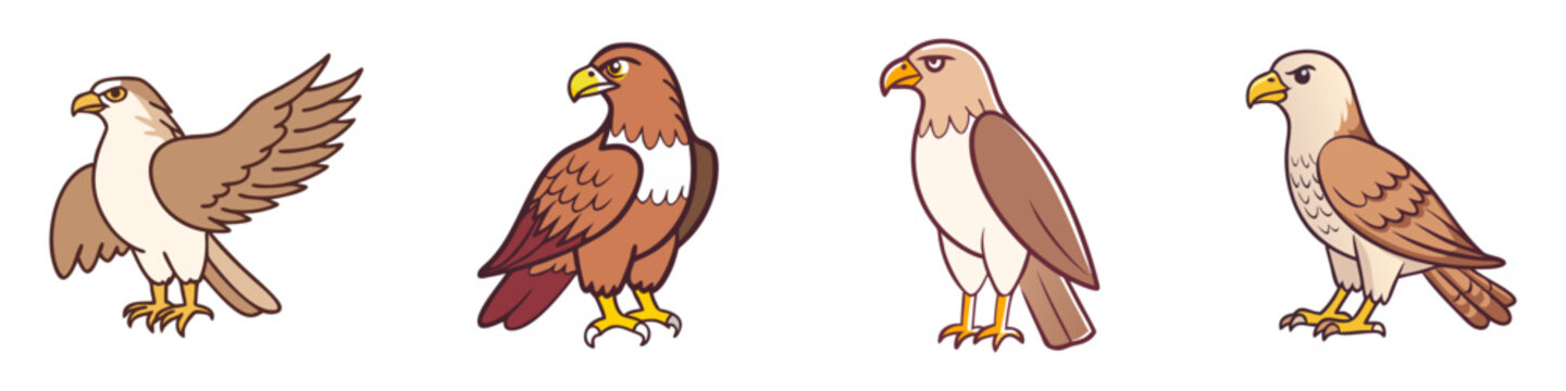 Illustrations of various cartoon hawks standing on white background in vector format