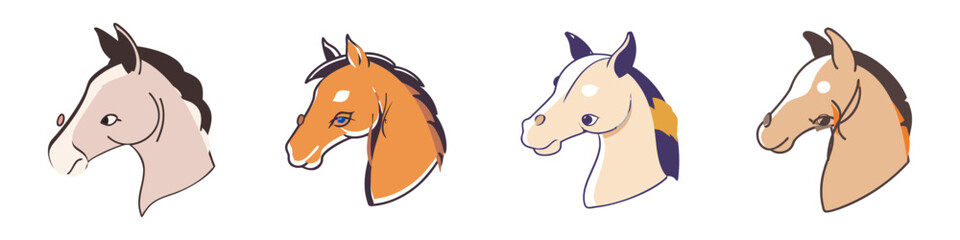 Stylized Horse Head Collection in Various Colors and Markings against White Background