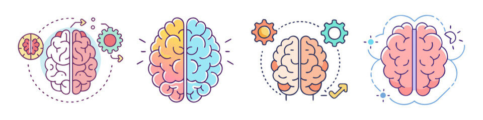 Four conceptual brain icons representing different modes of thought and intelligence