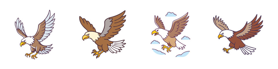 Four cartoon eagles in flight with different brown tones and wing patterns