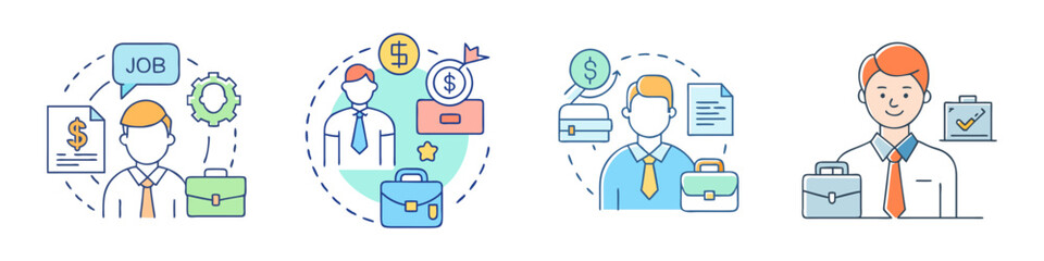 Different stages of career, finding a job and achieving goals in business