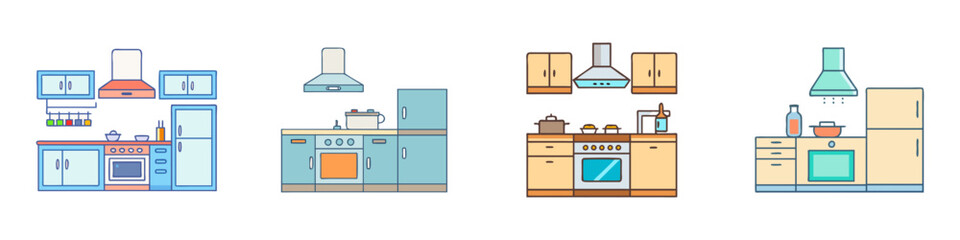 Stylized kitchen layout designs in different colors with minimalist cartoon style