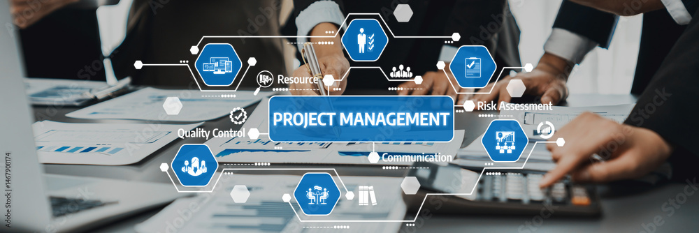 Poster dynamic workspace showcasing project management strategies with visual data tools, enhancing team co