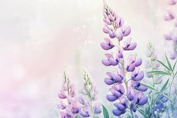 Obraz premium Delicate purple and pink lupine flowers in a soft pastel background.