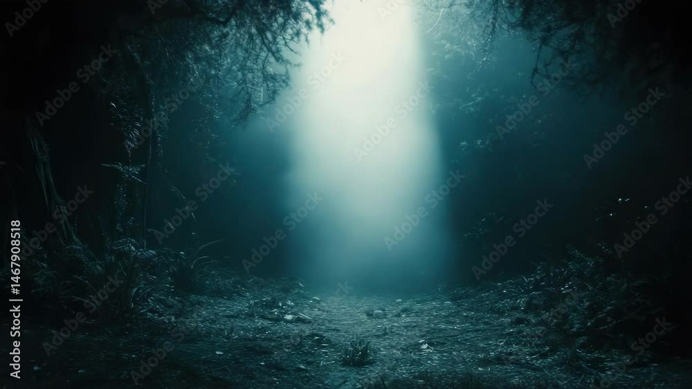 Poster A dense forest with trees illuminated by a distant light source
