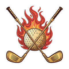 Two gleaming golden golf clubs elegantly crossed atop a fiery, blazing golf ball, symbolizing victory and passion in golf.