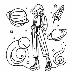 Stylish Girl in Space with Planets and Rocket Illustration