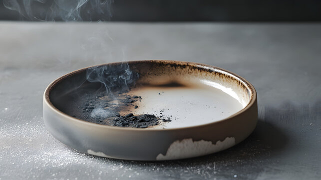 Burnt Ash Plate: A minimalist composition unveils a porcelain plate bearing the remnants of a burnt object, its ashes slowly rising into a wisp of smoke. - Powered by Adobe