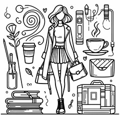 Stylish Woman with Coffee and Creative Elements in Line Art