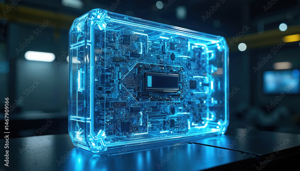 Poster Futuristic tech core, transparent design, glowing blue light circuit board inside. Artificial intelligence computing concept, innovation, digital transformation, future.