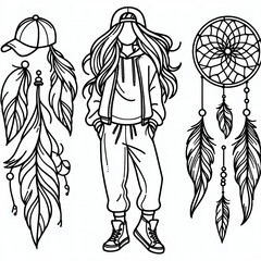 Boho Chic Girl with Dreamcatcher and Feathers Illustration