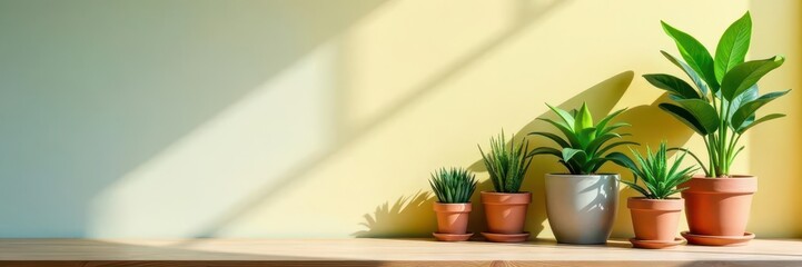 Various potted houseplants arranged on a table by a bright wall , greenery, minimal