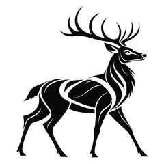 Timeless Silhouette of a Stag with Majestic Antlers Against a Pure White Background, Silhouette of Deer with Antlers on White Background