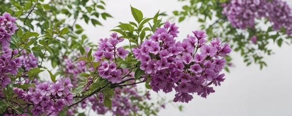 Obraz premium Vibrant purple blossoms, lush green foliage, white backdrop , lilac, green