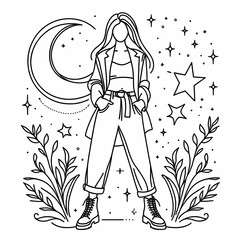 Stylish Woman in Nature with Moon and Stars Illustration