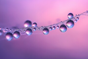 Dewdrops clinging to a spiderweb, glistening with iridescent colors against a soft purple background.