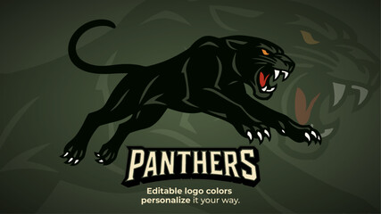 Panthers Jump Attack Logo &ndash; Full Body Black Panther Mascot Leaping Forward &ndash; Editable Vector for Esports and Gaming Teams