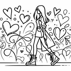 Stylish Woman Walking Among Heart Patterns in Black and White