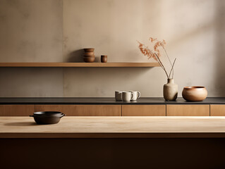  Minimalist japandi inspired kitchen interior in neutral, grey and dark colors with rustic decor, shelves and pottery. Natural wood japanese and wabi sabi inspired kitchen.