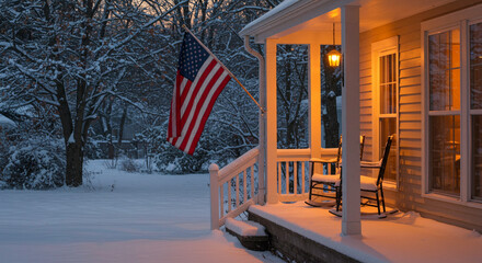  Snow-covered porch with an American flag gently swaying, showing winter patriotism, cozy warm lights glowing inside, early evening wintertime scene