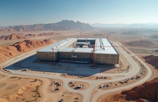 Aerial view of TSMC mega factory under construction in North Phoenix Arizona. Semiconductor manufacturing plant site development, modern tech industrial architecture. Crane building, infrastructure,